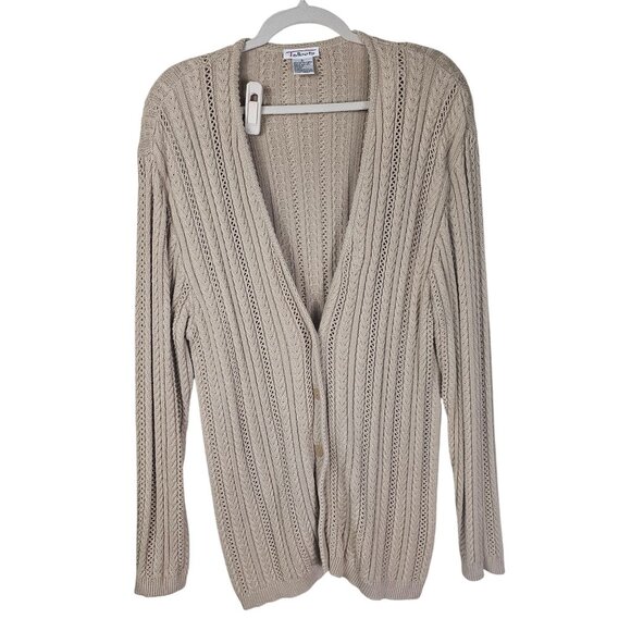 VTG 90s Talbots Beige Cable Knit Cardigan XL Cotton Fisherman Coastal Capsule - Picture 1 of 8